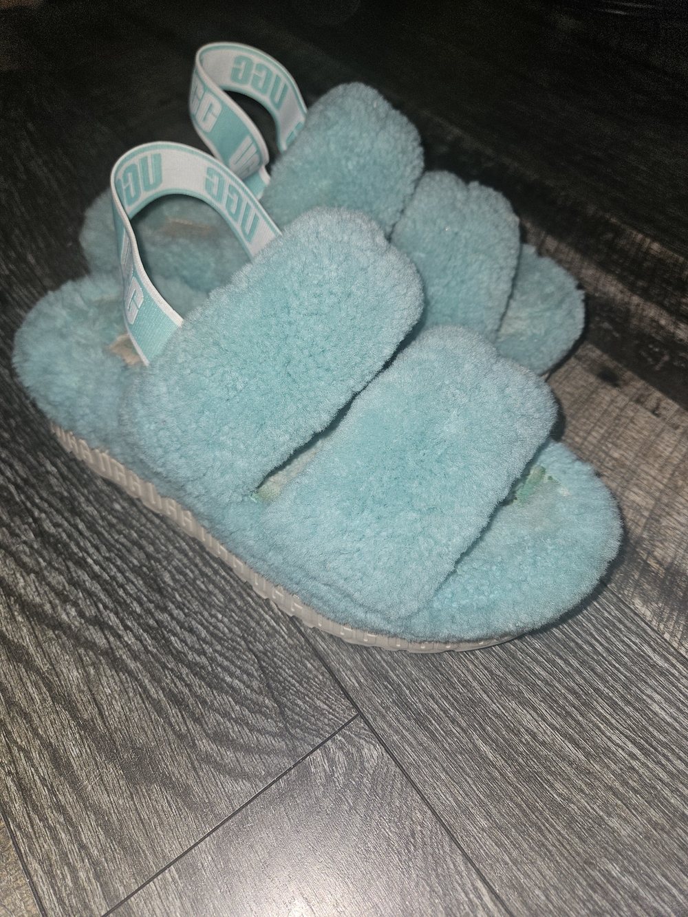 Aqua Plush Fuzzy Slide Sandals with Branded Elastic Strap